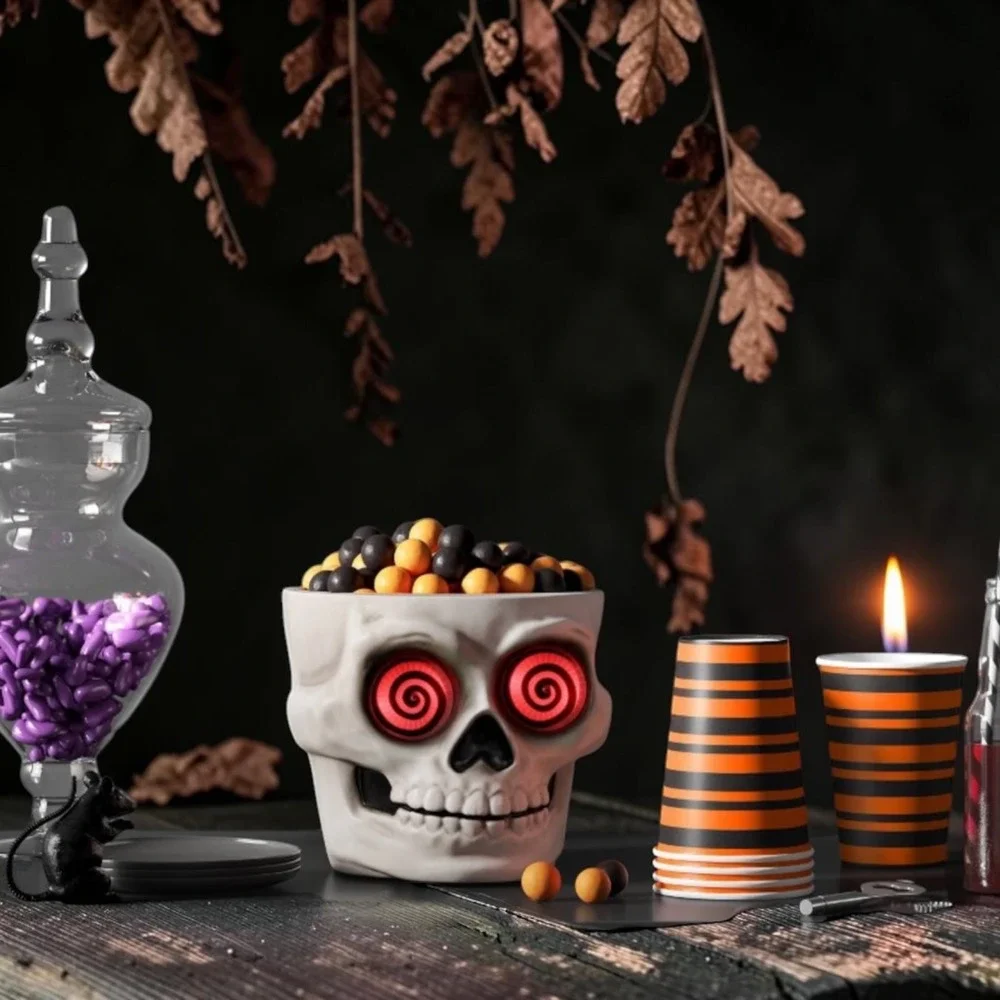 Halloween Skull Candy Bowl Glow Red Spiral Eyes White Ceramic Planter Decor